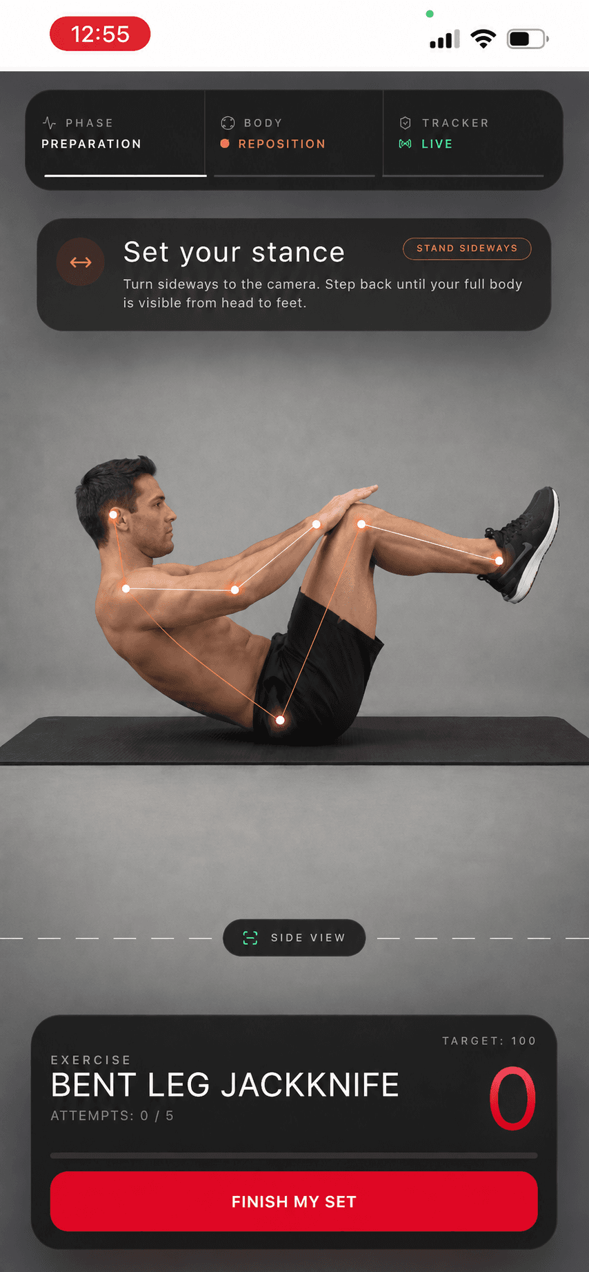 REPEX AI camera tracking screen for a Bent Leg Jackknife workout
